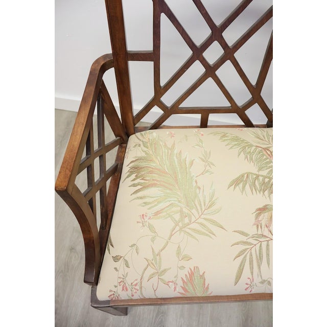 Tan Vintage Chinese Chippendale Style Double-Back Walnut Settee With Botanical Upholstery For Sale - Image 8 of 10