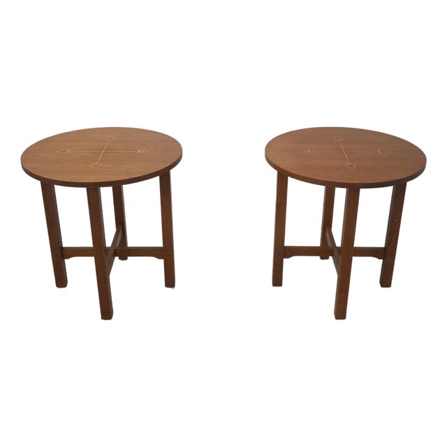Pair Stickley Inlaid Mission Oak Round Lamp Tables For Sale
