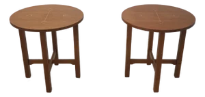 Pair Stickley Inlaid Mission Oak Round Lamp Tables