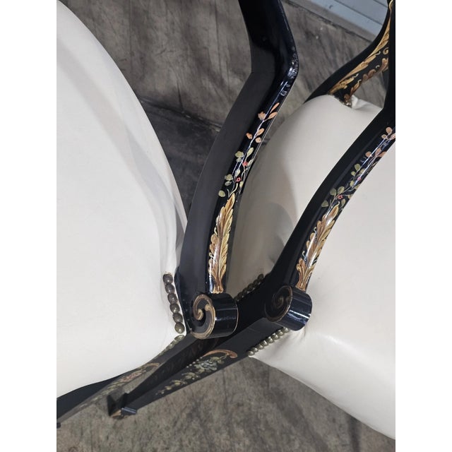 Late 20th Century Pair of Karges Hepplewhite Plum Arm Chairs Ebonized, Carved Hand Painted Leather Fabric For Sale - Image 11 of 14