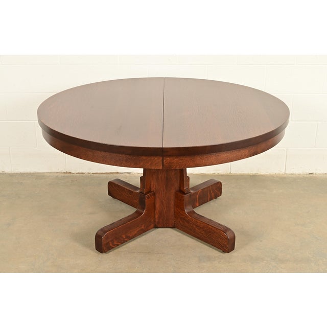 Gustav Stickley Style Antique Mission Oak Arts & Crafts Pedestal Extension Dining Table, Newly Refinished For Sale - Image 12 of 12