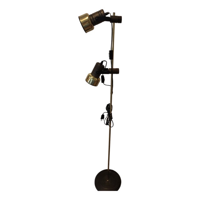 Mid-Century Double Spotlight Floor Lamp in Brass and Wood, 1970s For Sale