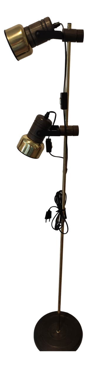 Mid-Century Double Spotlight Floor Lamp in Brass and Wood, 1970s