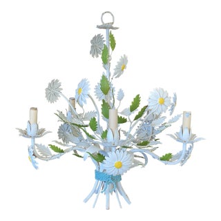 Vintage Cottage Tole Painted Flower Chandelier For Sale