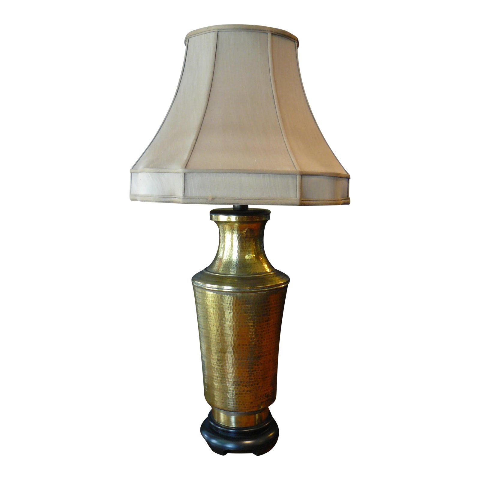 Vintage Hammered Brass Lamp With Silk Shade | Chairish