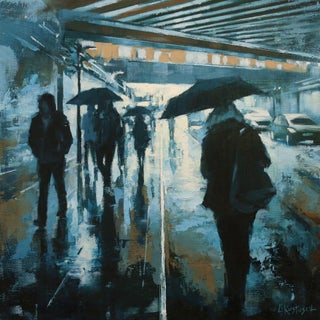 London in Shades of Blue by Lindsey Kustusch | Oil on wood panel People walking with umbrellas in rain. For Sale