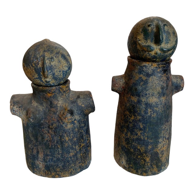 Mid-Century Painted Terracotta Pottery Male Female Sculptures - a Pair For Sale
