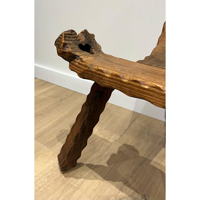 Wood Pair of low three-legged brutalist chairs. French work. Circa 1950 For Sale - Image 7 of 9