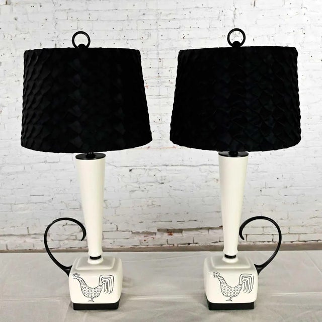 Mid Century Modern Black and White Ceramic Lamps W/ Rooster Design, a Pair For Sale - Image 13 of 13