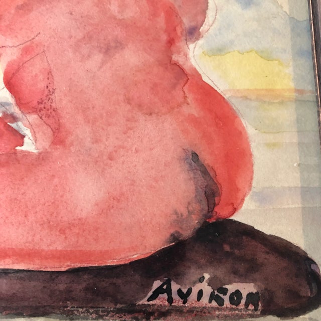 Figurative Vintage Original Female Nude in Beach Modernist Watercolor Painting Carved Wood Frame For Sale - Image 3 of 6