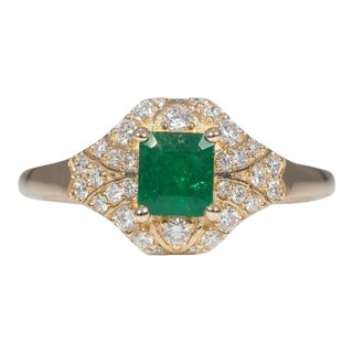 Colombian Emerald Ring With Natural Diamond Accents: Solid 14k Gold, 5.2x4.7mm, Size 6.75 For Sale
