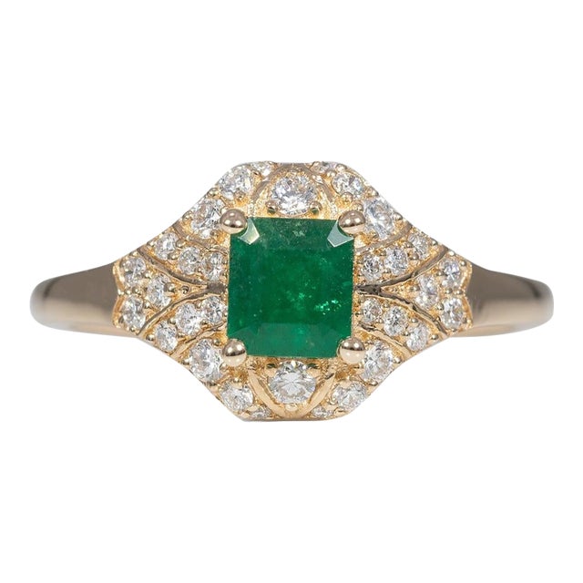 Colombian Emerald Ring With Natural Diamond Accents: Solid 14k Gold, 5.2x4.7mm, Size 6.75 For Sale
