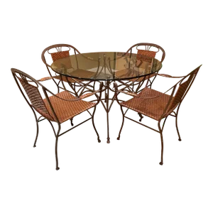 Iron Horse Head Dinette Set With Leather Saddle Basket Weave Chairs - Set of 5
