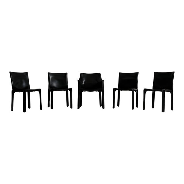 Mid-Century Modern Vintage Cab Dining Chairs in Black Leather by Mario Bellini for Cassina, 1977, Set of 5 For Sale - Image 3 of 18