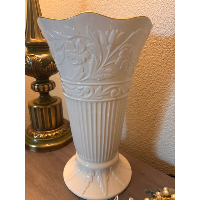 Shabby Chic Lenox Embossed Ivory Floral Vase With Gold Trim – Large Decorative Ceramic Vase For Sale - Image 3 of 4