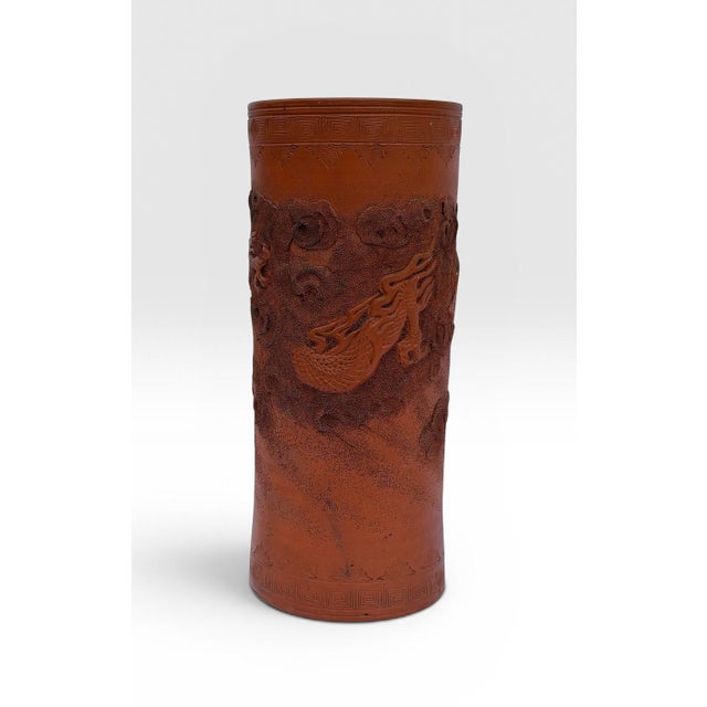 Large Antique Japanese Tokoname Meiji Period Moriage Dragon Cylinder Vase For Sale - Image 4 of 11