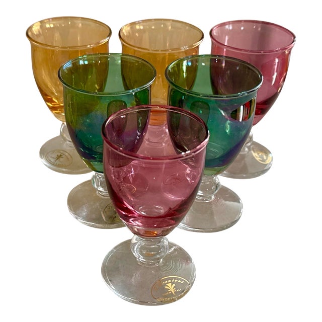 Vintage Italian Cordial Glasses – Jewel Tone Set of 6, Labeled, in Original Box For Sale