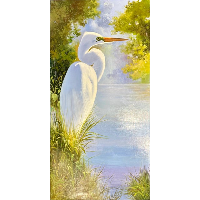 Wood White Egret in Marsh Landscape — Serene Original Oil Painting by P. Charles For Sale - Image 7 of 8