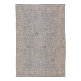 Large Modern Oushak Rug With Light Blue Field and Multi Color Floral Motifs For Sale