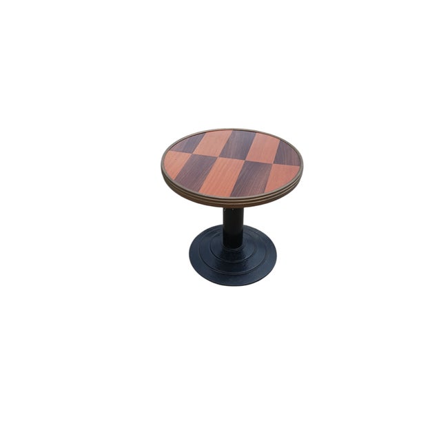Vintage French Geometric Marquetry and Cast Iron Martini Side Table by Michel Postaire, 1980s For Sale - Image 6 of 6
