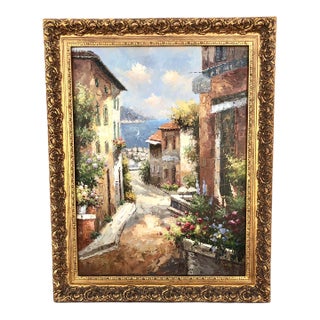 Large Vintage Mediterranean Street Coastal Landscape Oil Painting Ornate Gold Wood Frame For Sale