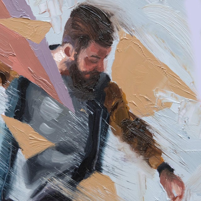 Abstract A New Rhythm 1 by Stefan Smit | Oil Painting of a man dancing among abstract shapes For Sale - Image 3 of 5