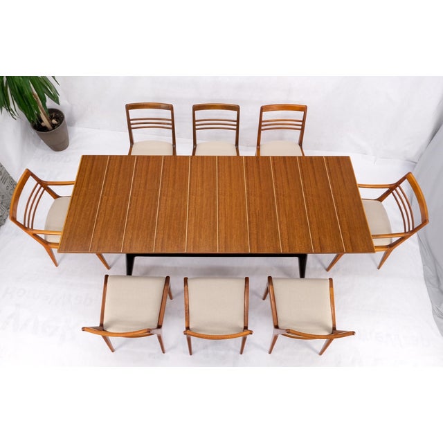 Italian Mid-Century Modern Dining Table 8 Chairs Set New Linen Upholstery Seats For Sale - Image 10 of 18