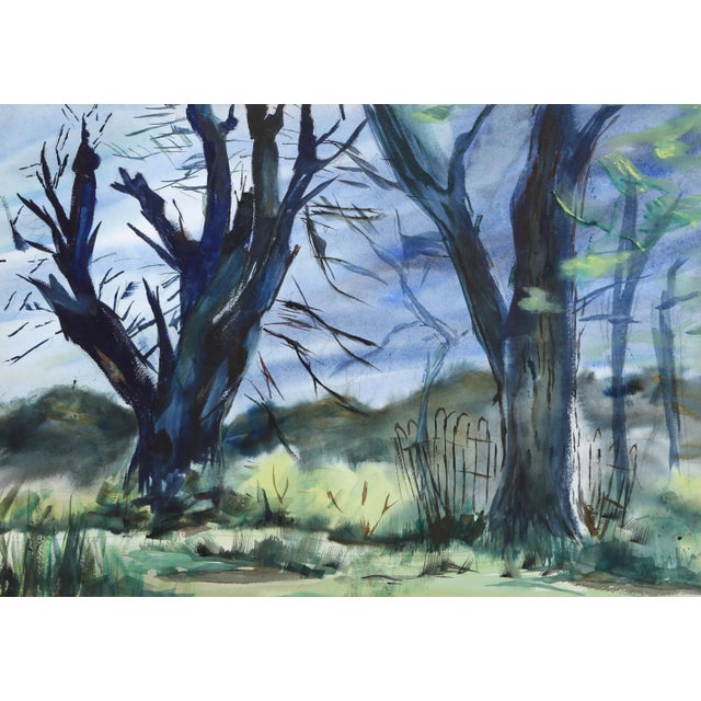 Illuminated by the sun, the leafless trees in this watercolor by Eve Nethercott cast shadows over the grass before them....