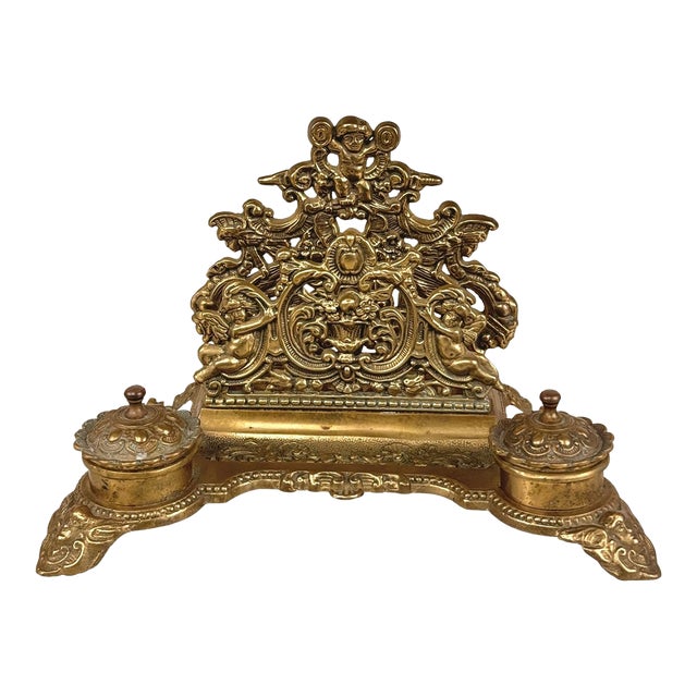 Vintage Italian Rococo Brass Cherub Double Inkwell Letter Holder Desk Set For Sale