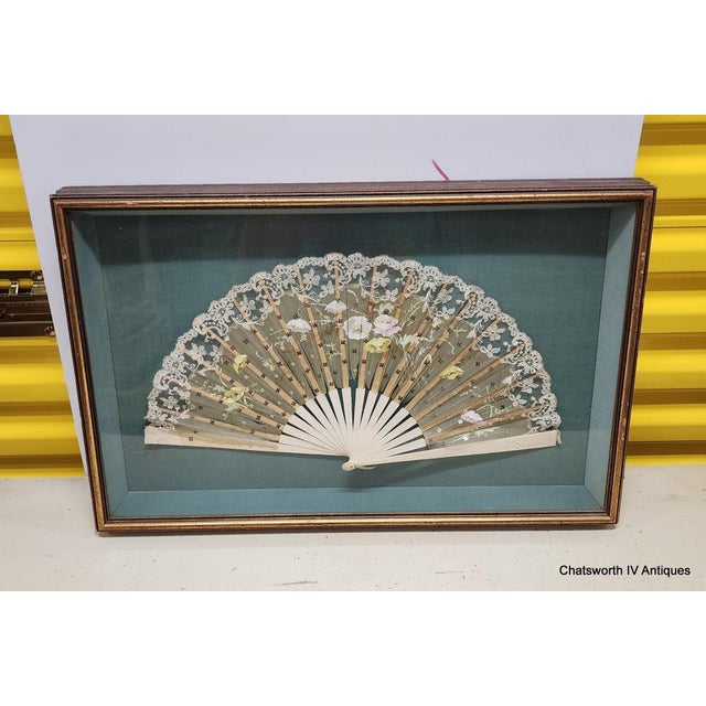 Late 19th Century Shadow Box Framed Antique Victorian Lace & Silk Floral Painted Ladies Hand Fan For Sale - Image 5 of 12