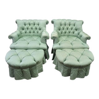 Marco Napoleon III Style Green Tufted Swivel Lounge Chairs and Ottomans - a Pair For Sale