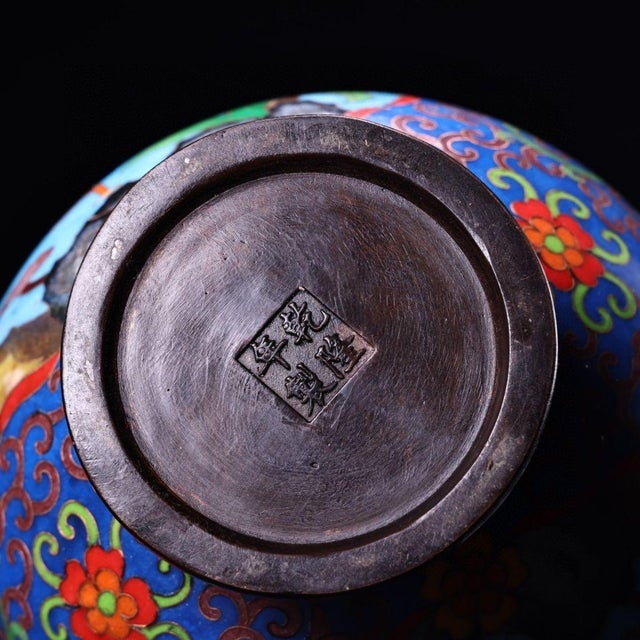 Late 20th Century Pair of Vintage Chinese Cloisonné "Crane & Peach" Long Neck Vases - 42cm For Sale - Image 5 of 9