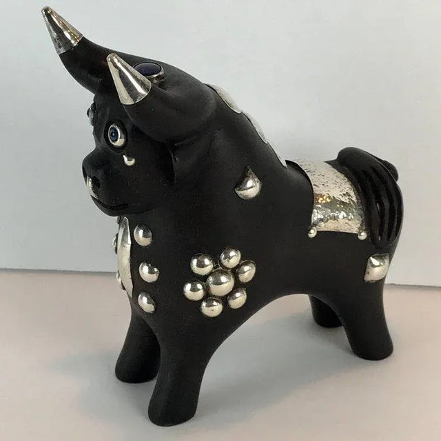 Mid-Century Modern 1960s Mid-Century Carved Wood and Silver Taurus Bull Sculpture For Sale - Image 3 of 11