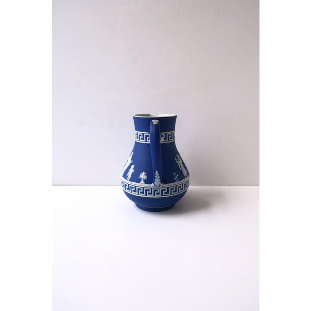 Blue Late 20th Century Wedgwood Jasperware Blue White Pitcher Vase Greek Key Neoclassical English For Sale - Image 8 of 11
