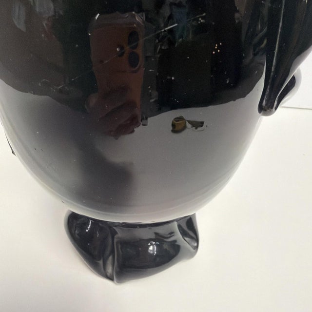 1960s Hand Blown Black Art Glass Double Handled Vase 9 Tall Pontil Mark Unsigned For Sale - Image 11 of 11