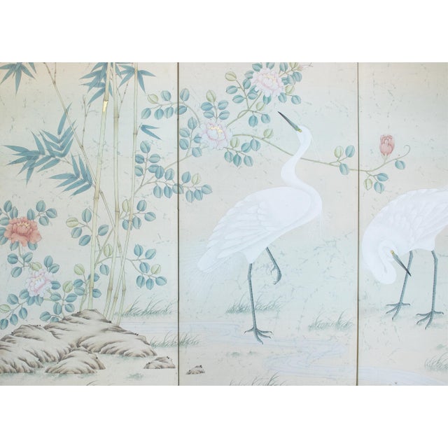 Japanese C. 1970s Chinoiserie Silk Screen "Egrets, Bamboo and Peonies" For Sale - Image 3 of 18