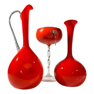 Vintage Italian Orange Art Glass Set from Empoli, 1960s, Set of 3 For Sale