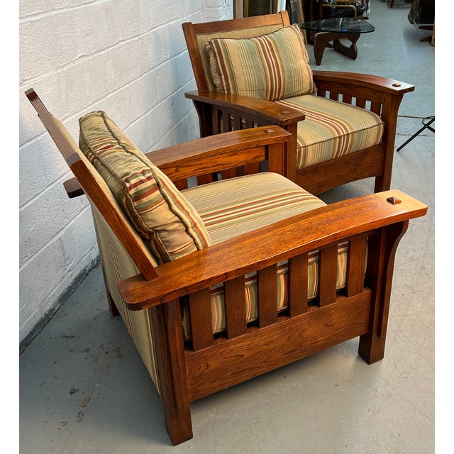 Wood Late 20th Century Handcrafted Slatted Mission Oak Lounge Chairs For Sale - Image 7 of 16