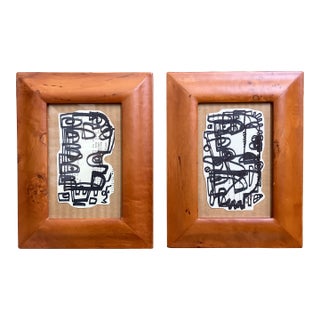 Contemporary 2 Original Wayne Cunningham Small Abstract Marker Drawings Birdseye Maple Tabletop Frames-a Pair For Sale