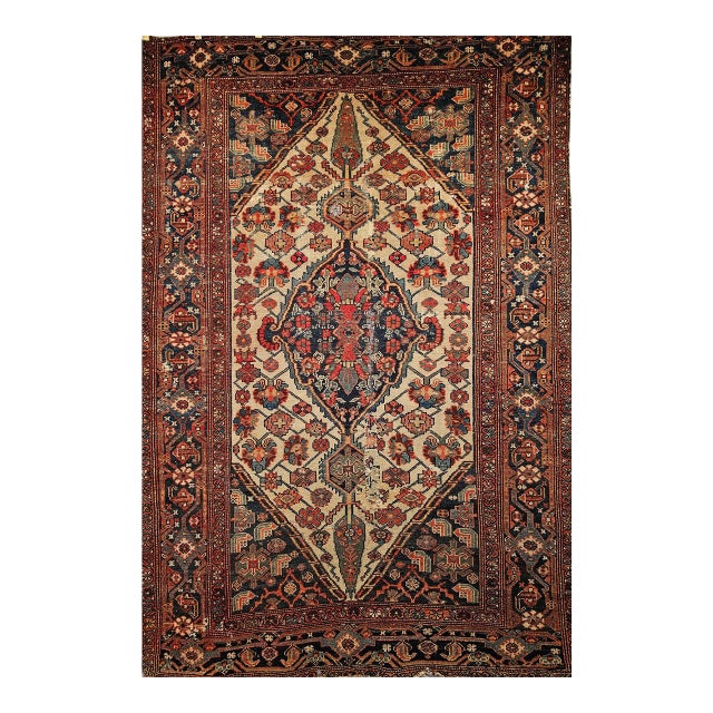 Antique Malayer Rug, Hand-Knotted Wool, Geometric Pattern, 4x6, Ivory & Navy For Sale