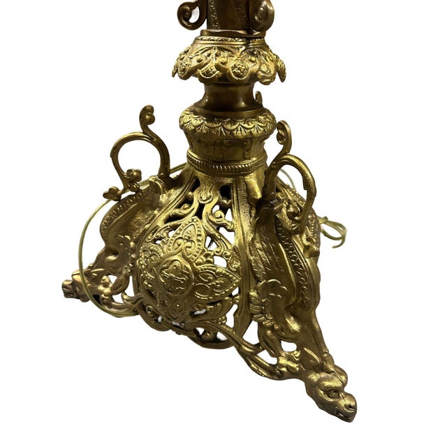 Brass Mid 20th Century Hollywood Regency Neo-Gothic Scrolling Solid Brass Dragon Table Lamp For Sale - Image 8 of 8