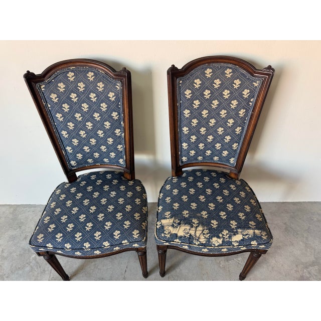 Brown Vintage French Country Louis XVI–Style Carved Wood Frame Dining Chairs – Set of 4 For Sale - Image 8 of 12