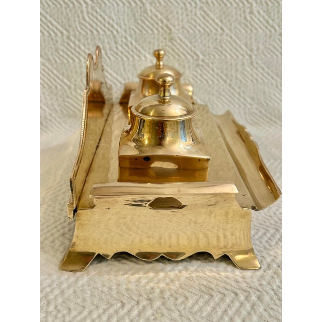 Vintage Mid 20th Century Solid Brass Double Desktop Ink Well For Sale - Image 4 of 12