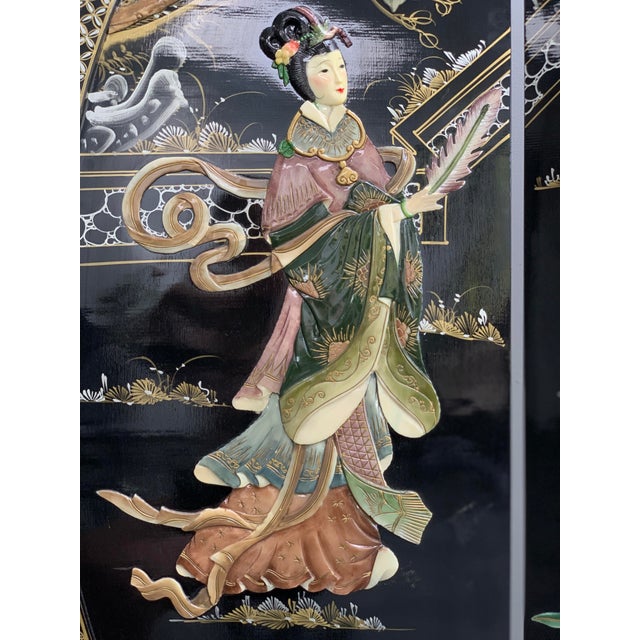 Vintage Chinoiserie Black Lacquer Inlaid Room Divider Screen For Sale - Image 10 of 12