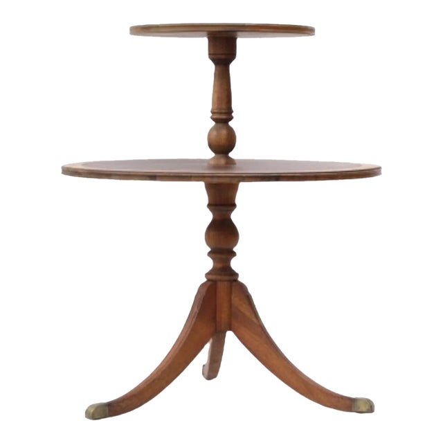 Vintage Mahogany Round Tiered Occasional Table | Leather Top For Sale