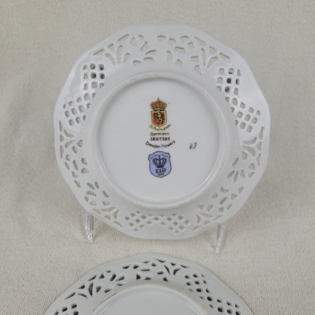 Early 20th Century Schumann Germany Chateau Dresden Flowers Reticulated Porcelain Plates - A Pair For Sale - Image 5 of 7