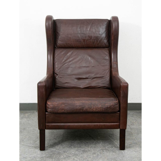Mid-Century Modern Mid Century Danish Modern Lounge Chair Wingback Brown Leather High Back Seat MCM For Sale - Image 3 of 11