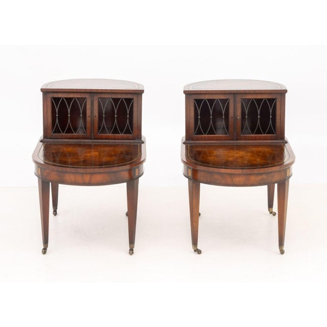 Pair of Weiman Heirloom Mahogany Step End Tables, the top portion with two door cabinet, gilt-tooled leather tops above...