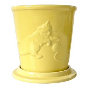 Vintage Yellow Ceramic Planter W/ Kitten Motif