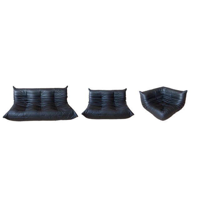 Black Leather Togo 2-Seat, 3-Seat, and Corner Sofas by Michel Ducaroy for Ligne Roset, Set of 3 For Sale